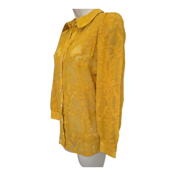 Forever That Girl Yellow Embroidered Victorian Blouse Pearl Buttons Sz Small - Picture 2 of 8
